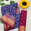 MULMUL AJRAKH BLOCK PRINT WITH HEVAY ZARI BODAR SAREE - Neavy Blue
