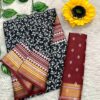 MULMUL AJRAKH BLOCK PRINT WITH HEVAY ZARI BODAR SAREE - Black