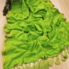 JARI BORDER COTTON MULMUL SAREES WITH HEVY LATKAN - Lime Green