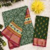 MULMUL AJRAKH BLOCK PRINT WITH HEVAY ZARI BODAR SAREE - Dark green