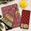 MULMUL AJRAKH BLOCK PRINT WITH HEVAY ZARI BODAR SAREE - Red
