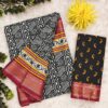 MULMUL AJRAKH BLOCK PRINT WITH HEVAY ZARI BODAR SAREE - Black